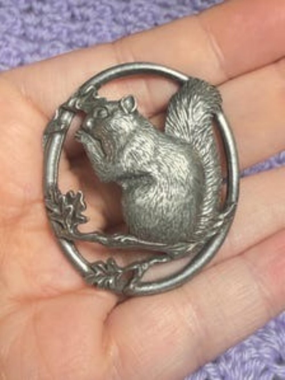 Vintage Pewter Squirrel Brooch Woodland Animal Oval Pin